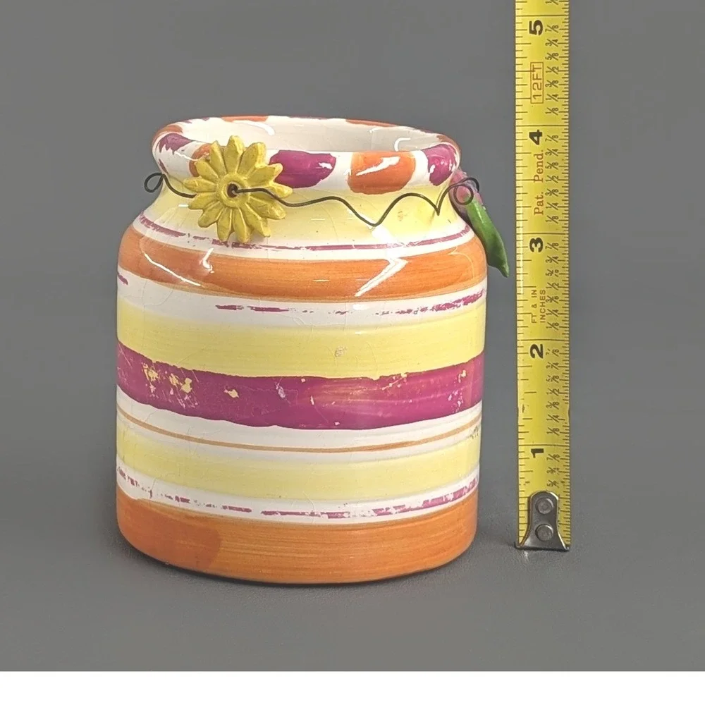 Hand Painted Ceramic Striped Flower Snail Jar Whimsical Boho Decor 4 Inch